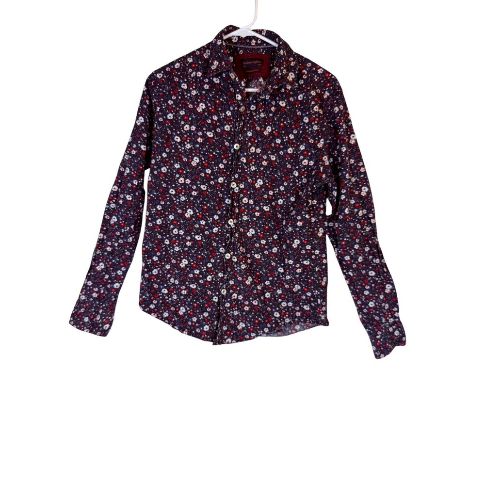 Gentlemen's Outfitters Floral Button Front Shirt Men's Medium Navy Red Cotton